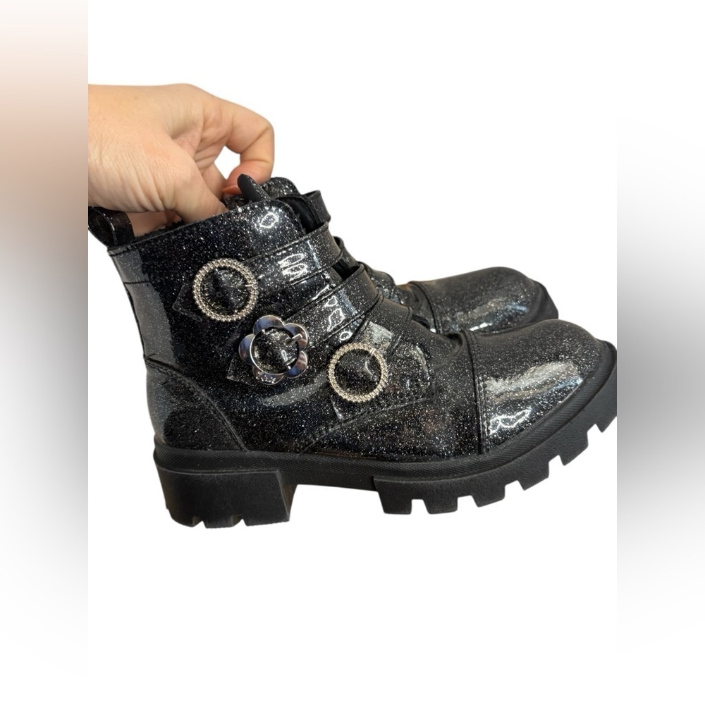 Justice Glittery Black big girls Kids Boots sz 3 zip+ 3 strap buckle preloved - Picture 3 of 12